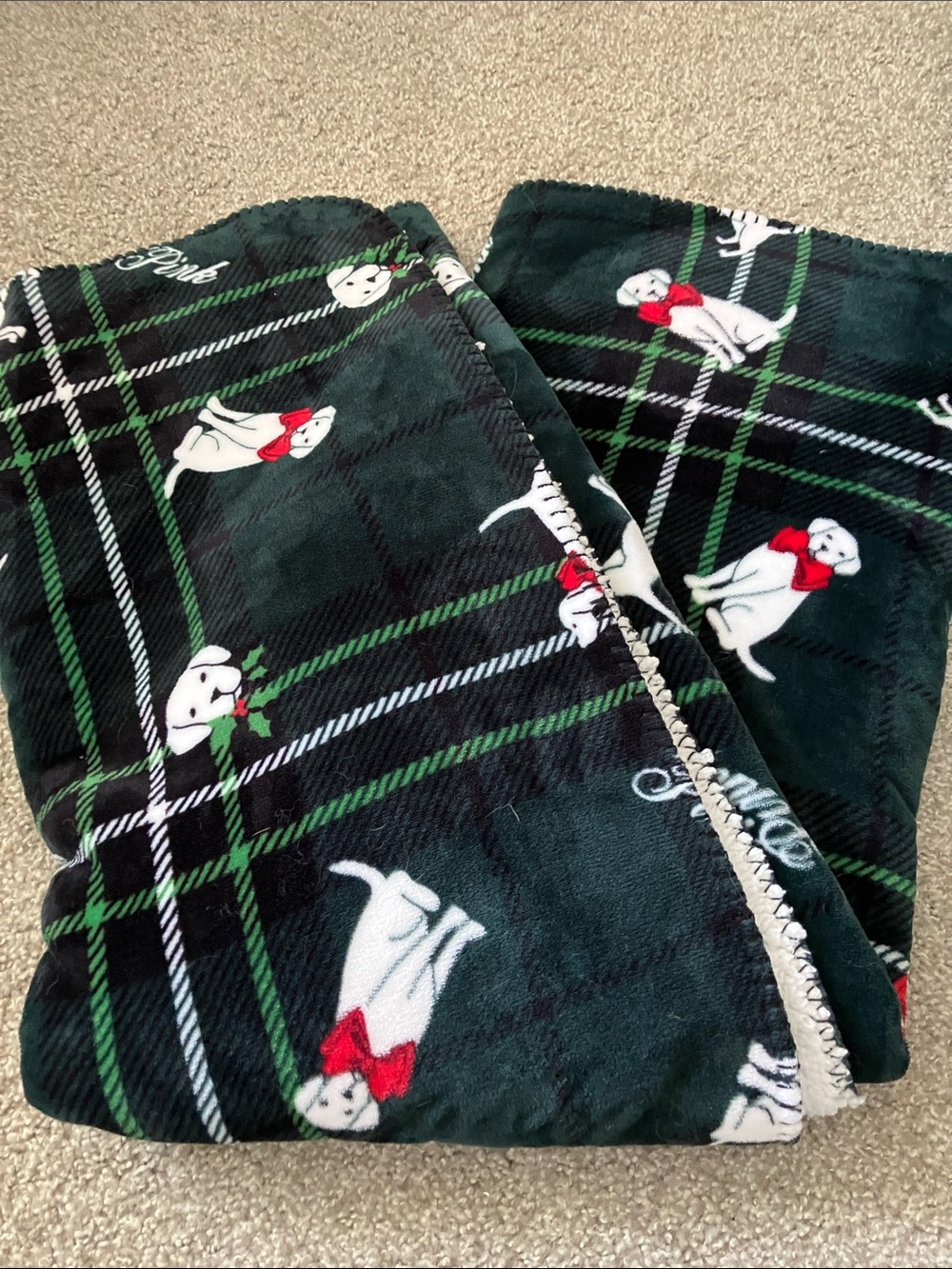 Victoria's Secret Green Plaid Dog Plush Blanket Sherpa 50x60